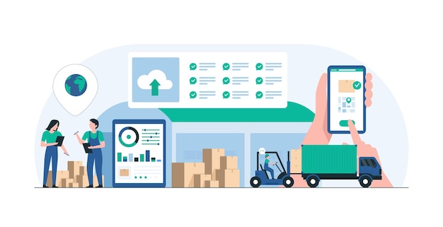 Vector modern logistics warehouse with efficient inventory management supply chain operations using advanced technology for warehouse illustration