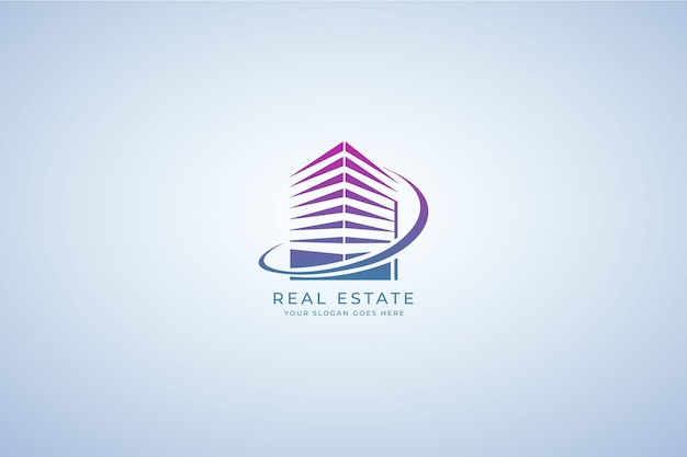 Modern logo design for a real estate company featuring a stylized building and dynamic swirl