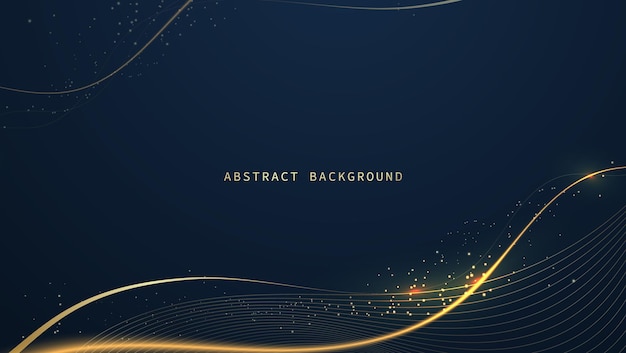 Modern luxury abstract background with golden line elements glowing pattern. Elegant curve geometric shapes on dark blue background. Vector illustration for design.