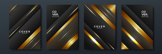 Modern luxury black and gold lines cover abstract background Modern black stripe cover design set Luxury creative gold dynamic diagonal wave line pattern for invitation wedding business card