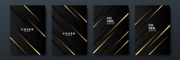 Modern luxury black and gold lines cover abstract background Modern black stripe cover design set Luxury creative gold dynamic diagonal wave line pattern for invitation wedding business card