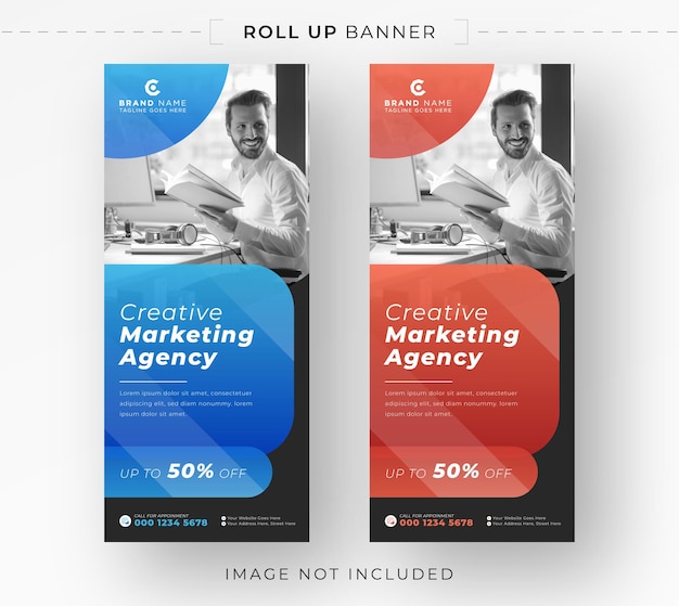 Modern marketing agency display exhibition roll up signage or pull up banner with blue and orange