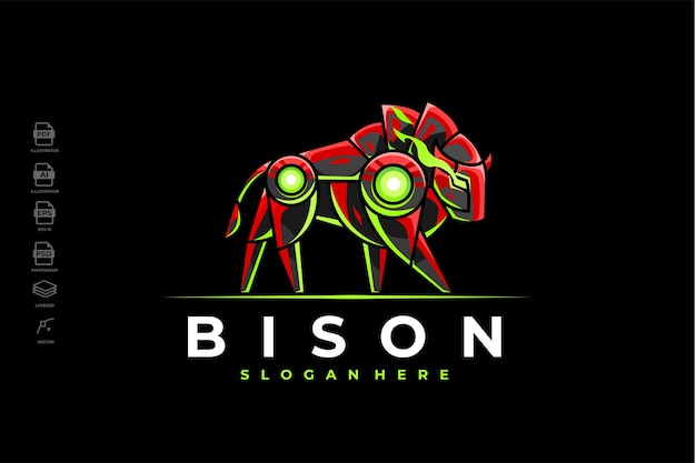 Modern Mecha Robotic Bison Logo Design Template