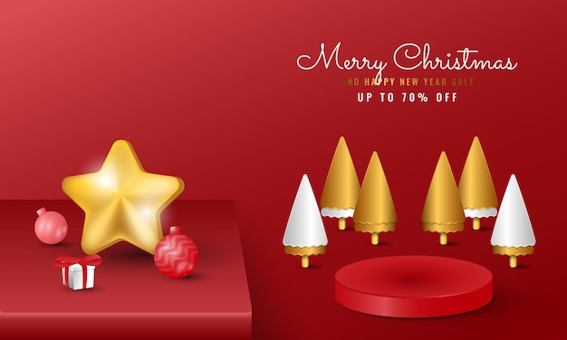 Modern merry christmas and happy new year banner with golden tree and star