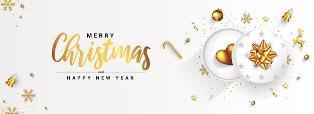 Modern Merry Christmas and Happy New Year greeting card design, winter design with golden ornaments and gift boxes on white background. 