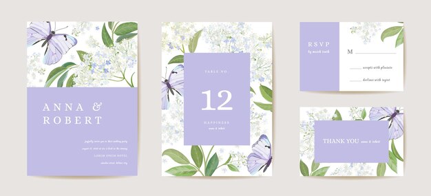 Modern minimal Art Deco wedding vector Invitation set. Boho white elderflower and butterfly card template. Spring flowers poster, floral frame. Save the Date trendy design, luxury brochure