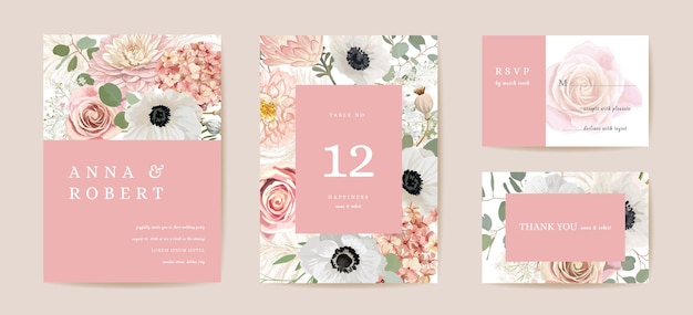 Modern minimal floral wedding vector Invitation set. Boho anemone, pampas grass, rose card template. Spring flowers poster, floral frame. Save the Date trendy design, luxury brochure