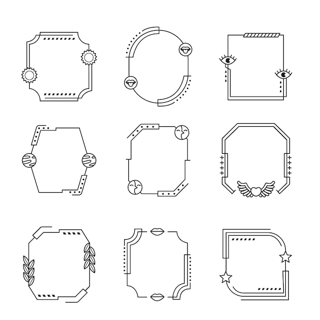 Vector modern minimalist line frames and elements in trendy retro style set y2k aesthetic simple flat desi