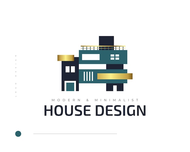 Modern and Minimalist Real Estate Logo Design in Blue and Gold Concept Elegant House Illustration for Architecture or Construction Industry Company Identity