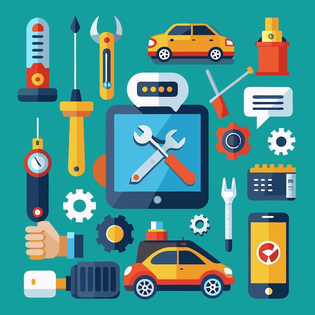 Vector modern mobile repair and maintenance icons comprehensive set for smartphone and automotive services