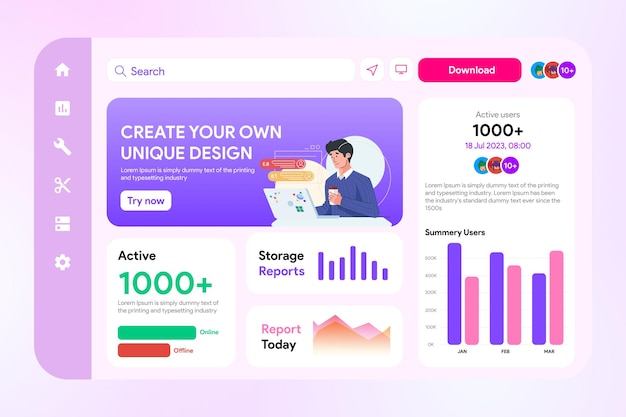 Modern mockup dashboard user interface design with purple theme color in flat design