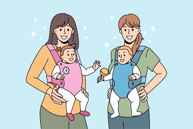 Modern mothers carrying equipment concept. Two young positive women mothers standing holding their babies in slings for outdoor walks vector illustration