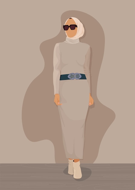 Modern Muslim girl flat portrait illustration wearing jumpsuit glasses and hijab