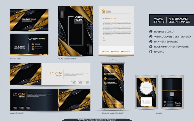 Modern Navy stationery mock up set and visual brand identity with abstract overlap layers background