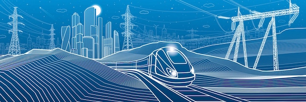 Vector modern night town train rides power lines city infrastructure and transport illustration