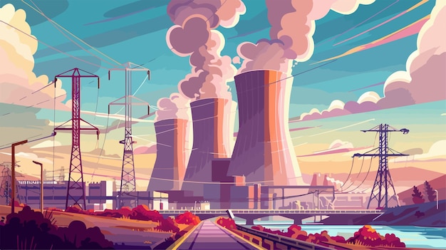 Modern Nuclear Power Plant Vector Illustration