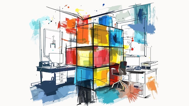 Vector modern office cube mixed media handdrawn vector