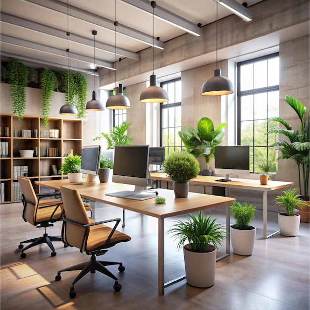 Vector modern office desktops interior space background with people working