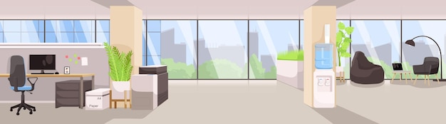 Modern office interior with big windows Office furniture and plant on the floor Workplace open space in big urban city Nobody in empty room Panoramic view of corporate Flat Vector illustration