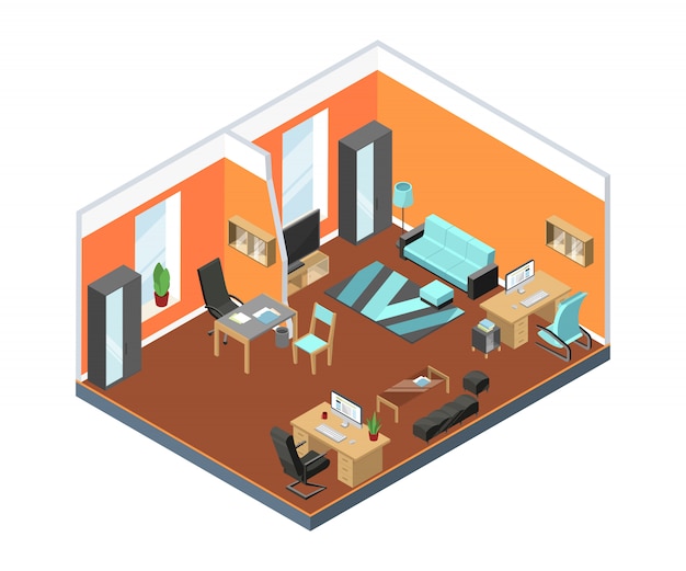 Modern office interior with comfortable workspaces. Tables, armchairs from leather and other furniture in isometric style