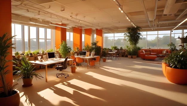 Vector modern office interior with orange walls large windows and plenty of plants