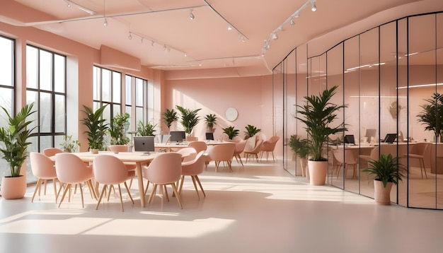 Vector a modern office interior with a pink color scheme featuring large windows plants and stylish furniture creating a bright and airy workspace