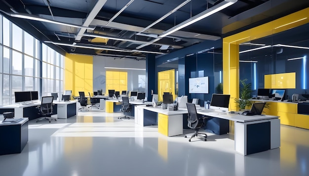 Modern office interior with a spacious layout featuring a large window white floor and blue and yellow accents Desks chairs and computers are arranged throughout the space