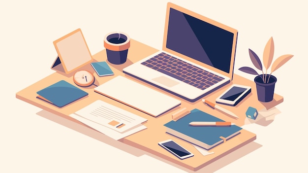 Vector modern office workspace with stationery items and laptop