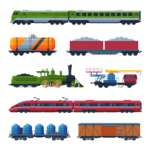 Vector modern and old trains collection side view of passenger and cargo wagons railroad transportation flat vector illustration on white background