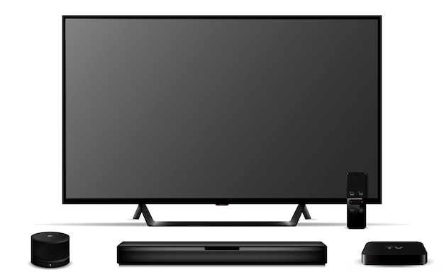 Modern oled tv with sound bar tv settop box and smart speaker