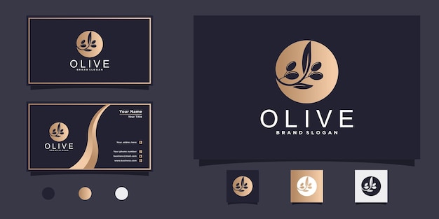 Modern olive oil logo design with gold gradient concept and business card design Premium vektor