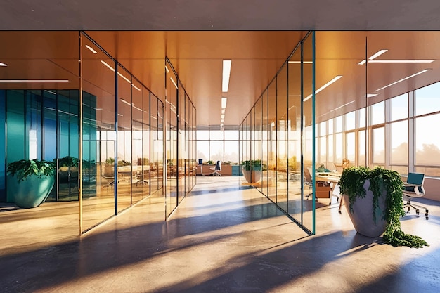 Vector modern open space office with large windows showcasing a city view features contemporary furniture