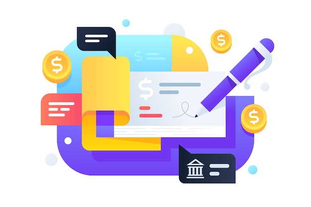 Modern pen signs checkbook for transmission money from banking system. Icon concept of service for cashless payment and protection dollars.