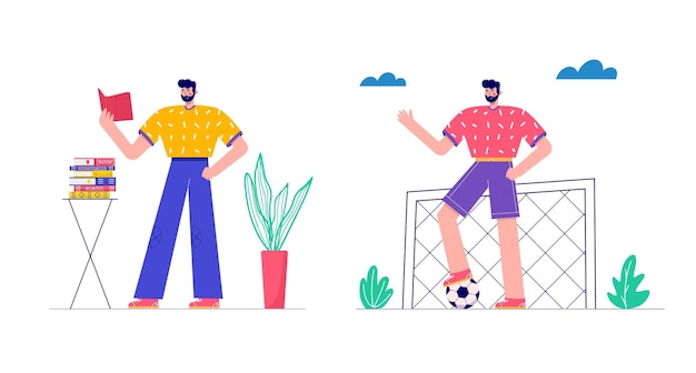 Modern people playing football cooking reading book gaming Set of characters enjoying their hobbies work leisure Vector illustration in flat cartoon style