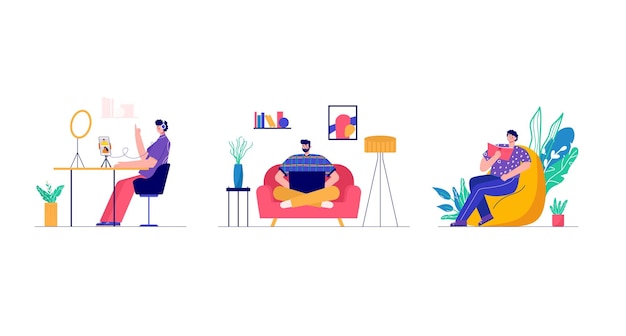 Modern people playing reading book working freelance gaming Set of characters enjoying their hobbies work leisure Vector illustration in flat cartoon style