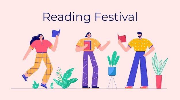 Modern people reading book festival Set of characters enjoying their hobbies leisure Vector illustration in flat cartoon style