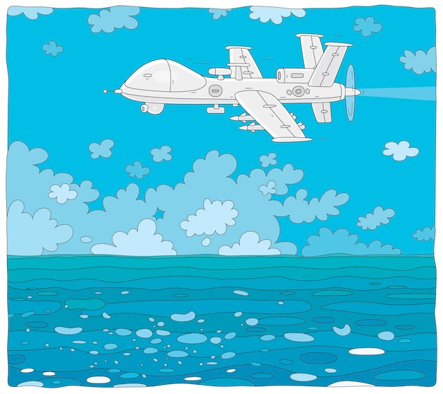 Modern pilotless military drone flying over a surface of a sea