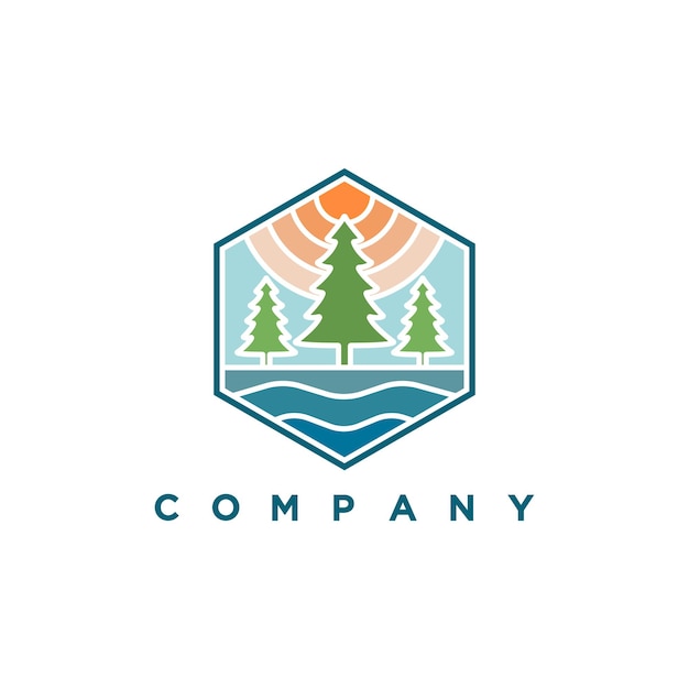 Modern pines and lake logo illustration design