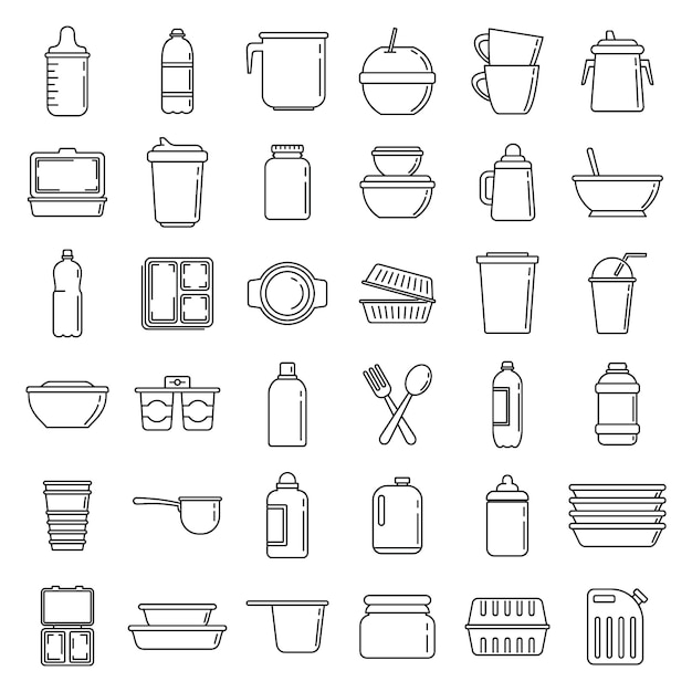 Modern plastic tableware icons set, outline style