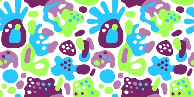 Modern playful vibrant groovy free form shapes and doodle objects seamless vector pattern