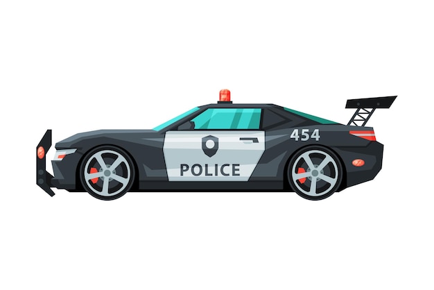 Modern Police Car Emergency Patrol Vehicle Side View Flat Vector Illustration