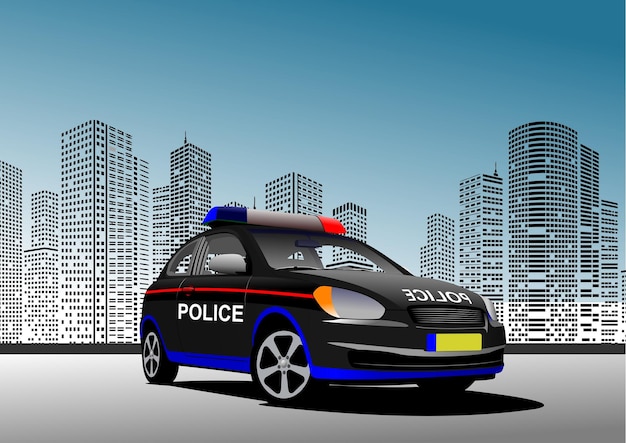 Vector modern police car standing in a city center with skyscrapers in the background