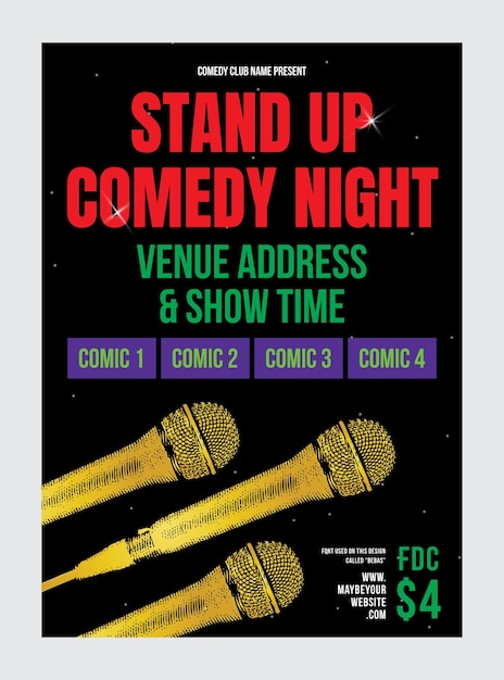 Modern Poster Card Of Stand Up Comedy Show Shiny Microphone Open mic night black Background