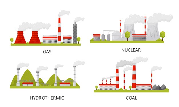 Vector modern power plants collection gas nuclear hydrothermal coal industrial factory buildings vector illustration on a white background