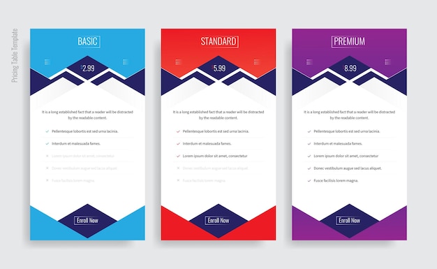 Modern Pricing Plan Table Chart Comparison Infographic Template With Three Plan Type