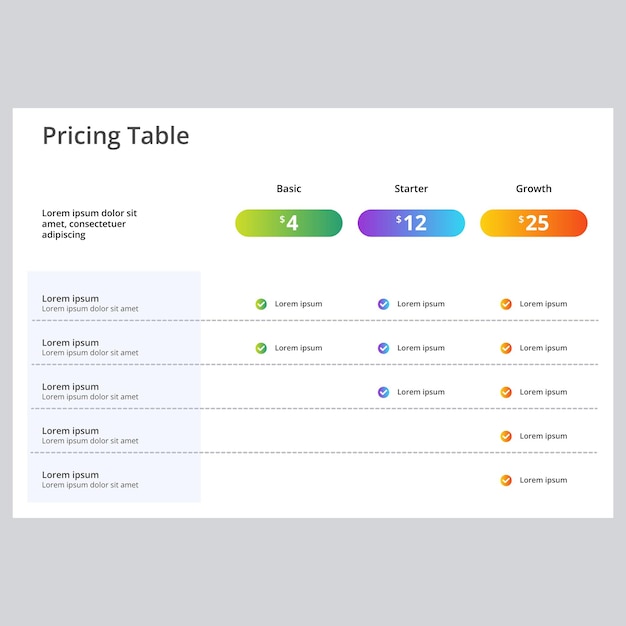 Vector modern pricing table design with three colorful subscription plans flat infographic design template