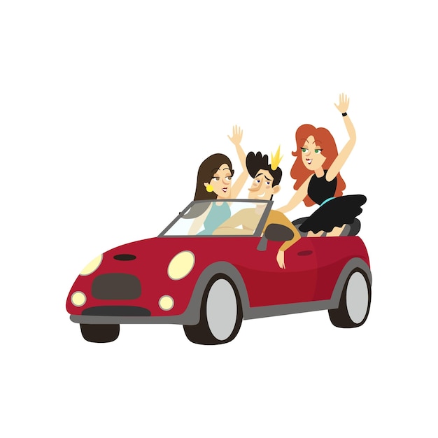 Modern prince driving cabriolet car happy friends in a car comic characters cartoon vector Illustration on a white background