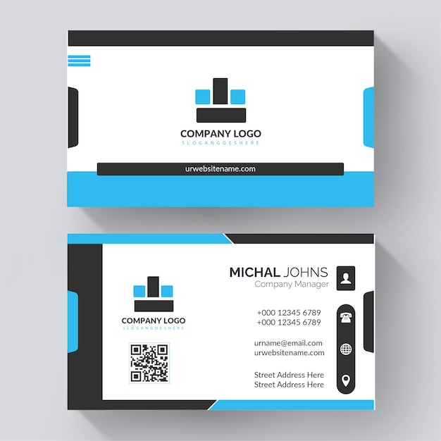 Modern and professional business card design with qr code dark black light blue ash white abstract