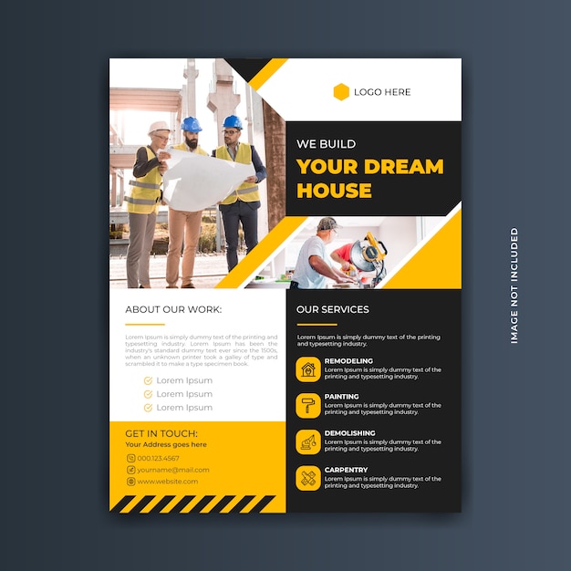 Modern professional yellow and black construction flyer template   