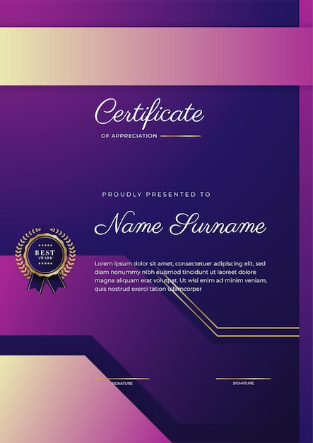 Modern purple certificate template of achievement